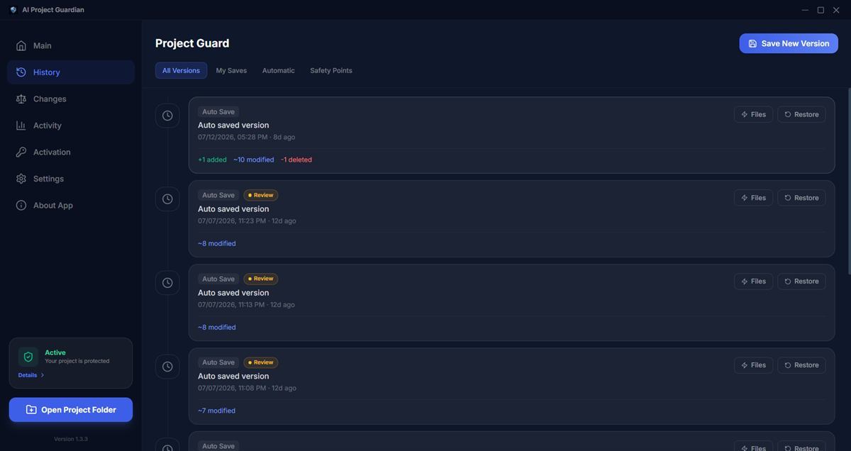 A version history timeline with per-version added, modified and deleted file counts