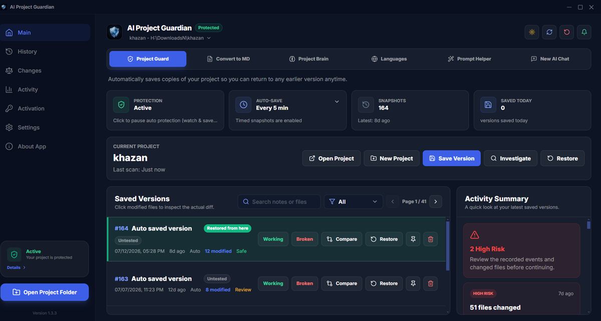 AI Project Guardian dashboard showing encrypted snapshots and one-click restore
