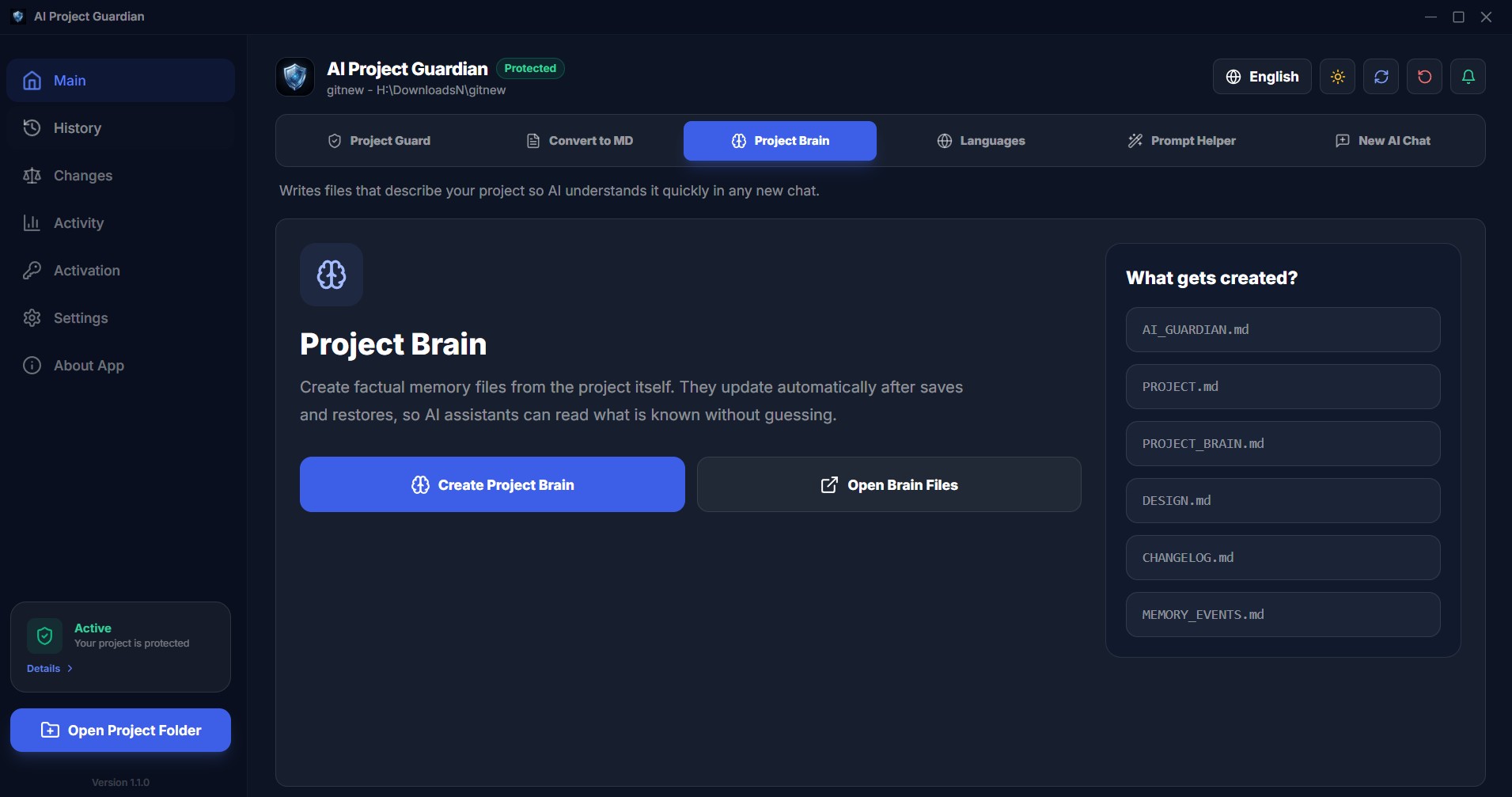 AI Project Guardian — Project Brain screen