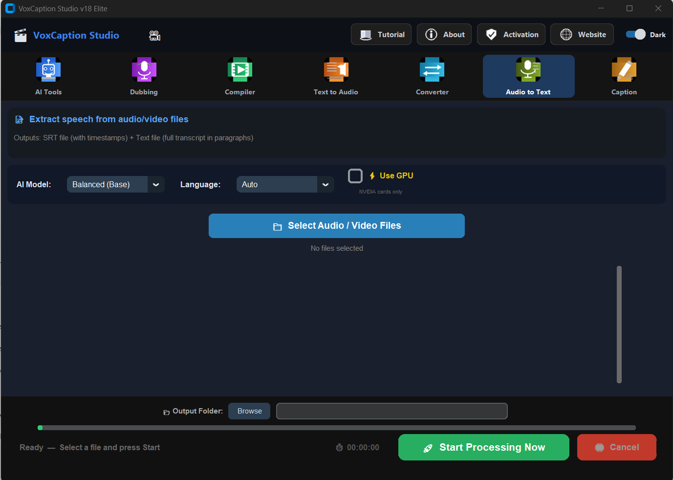 VoxCaption Studio Audio to Text Tab