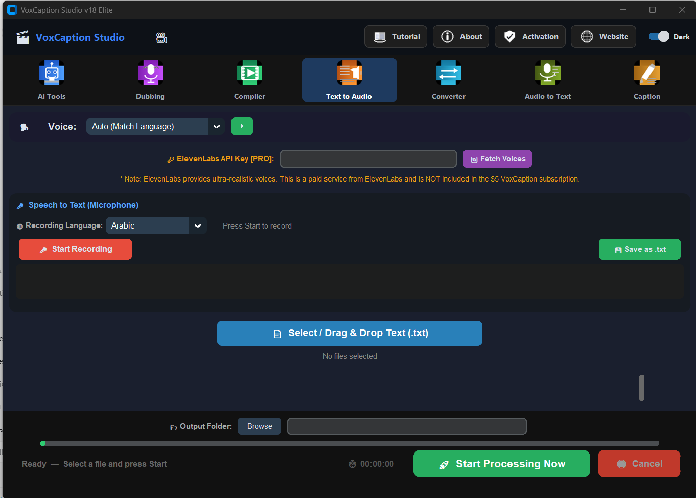 VoxCaption Studio Text to Audio Tab